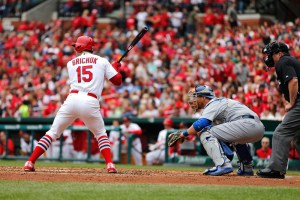 31 MAY 2015: St. Louis Cardinals center fielder Randal Grichuk (15) at bat during the game between the Los Angeles Dodgers  and St. Louis Cardinals at Busch Stadium in St. Louis, Missouri.